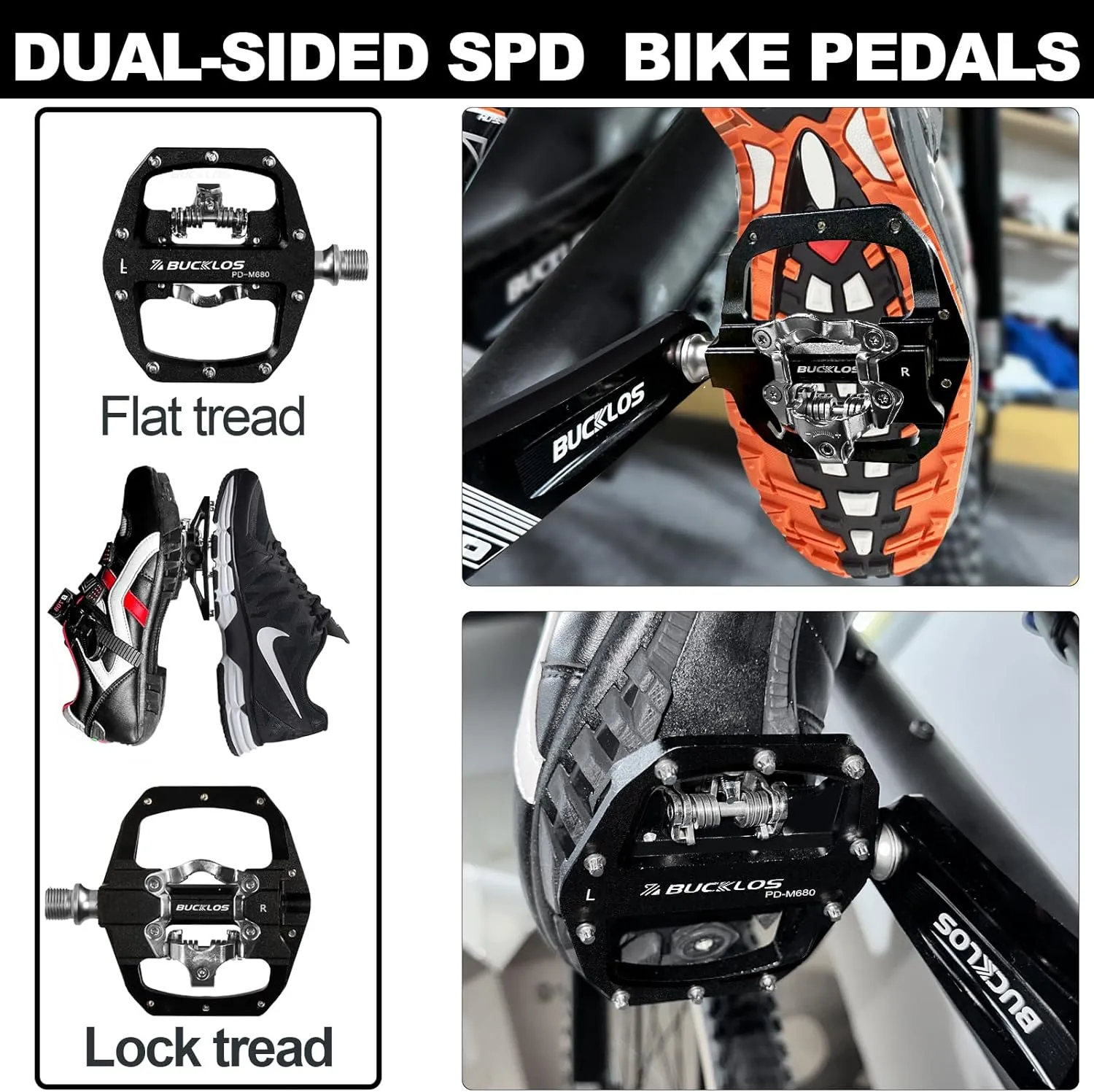 BUCKLOS SPD Pedals PD-M680 Mountain Bike Clip in SPD Flat Combo Dual Sided Pedals - Road Bike MTB Clipless Sealed Bearing Bicycle Clips Pedal Compatible with Shimano SPD Cleats (Black