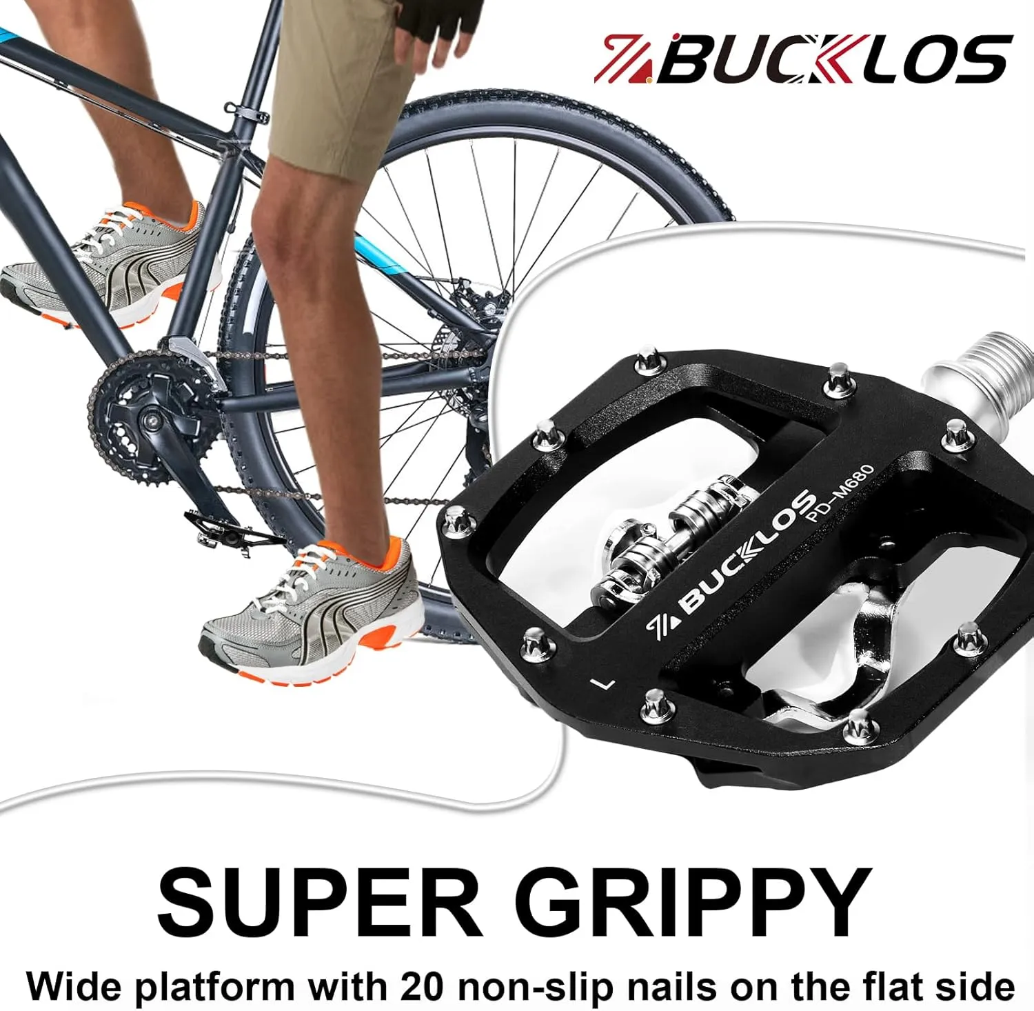 BUCKLOS SPD Pedals PD-M680 Mountain Bike Clip in SPD Flat Combo Dual Sided Pedals - Road Bike MTB Clipless Sealed Bearing Bicycle Clips Pedal Compatible with Shimano SPD Cleats (Black