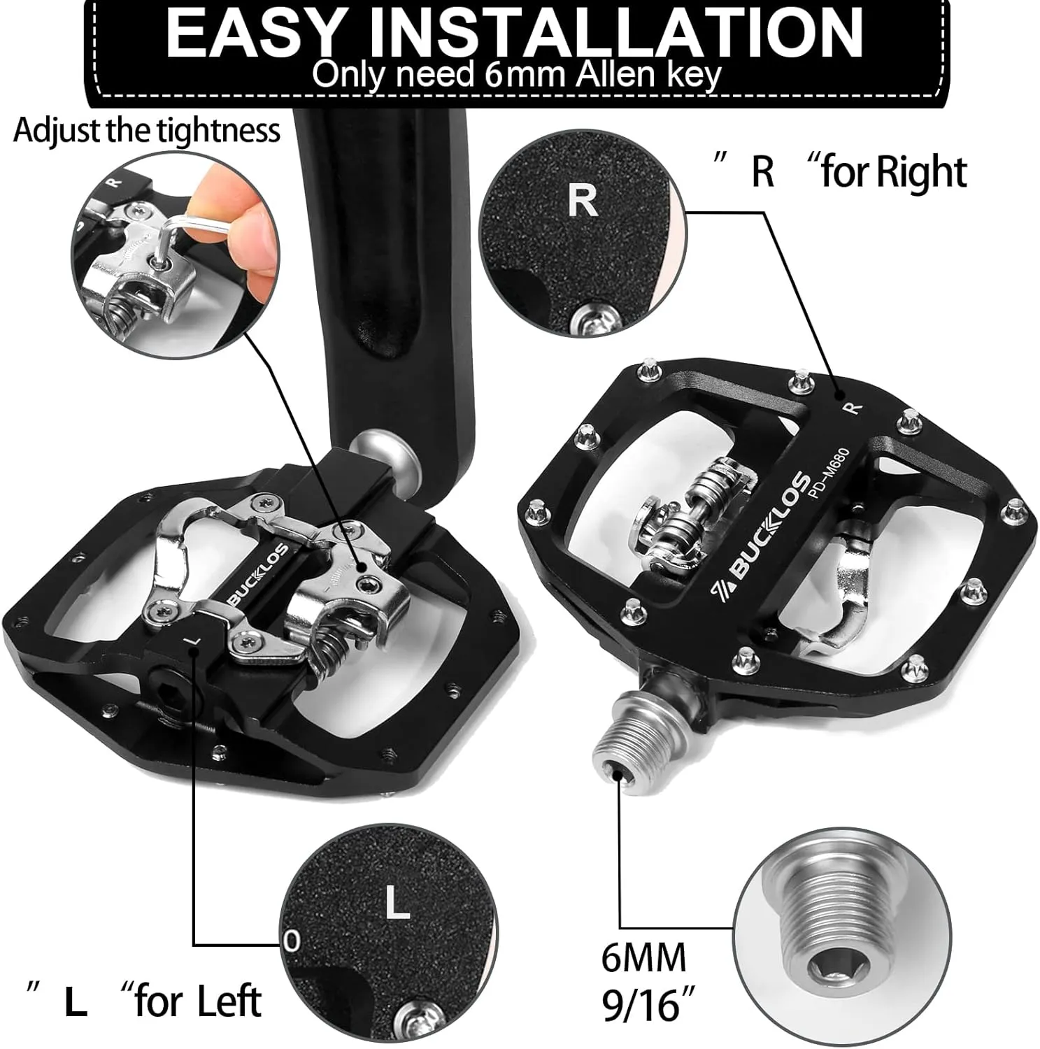 BUCKLOS SPD Pedals PD-M680 Mountain Bike Clip in SPD Flat Combo Dual Sided Pedals - Road Bike MTB Clipless Sealed Bearing Bicycle Clips Pedal Compatible with Shimano SPD Cleats (Black
