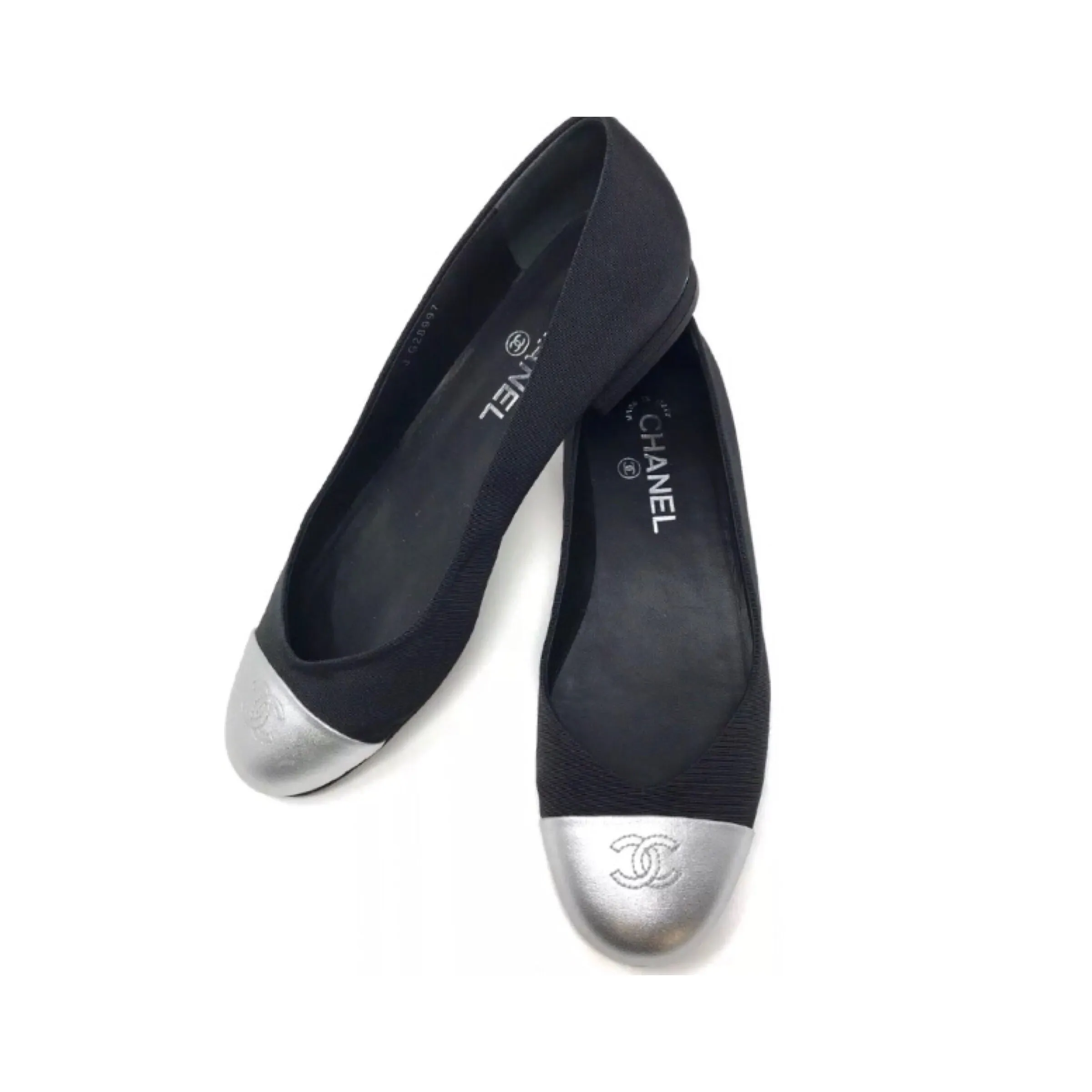 Chanel Ballet Ballerina Flats Black Canvas Silver Cap Toe