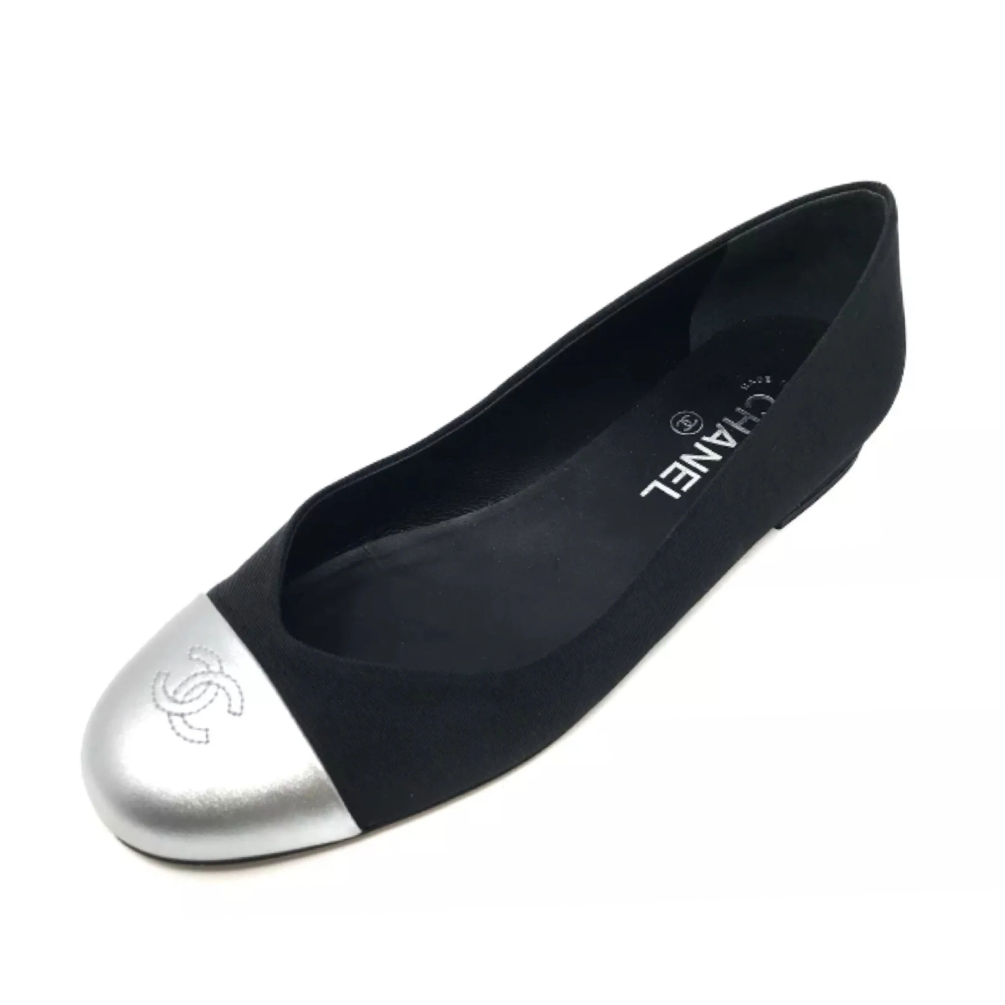 Chanel Ballet Ballerina Flats Black Canvas Silver Cap Toe