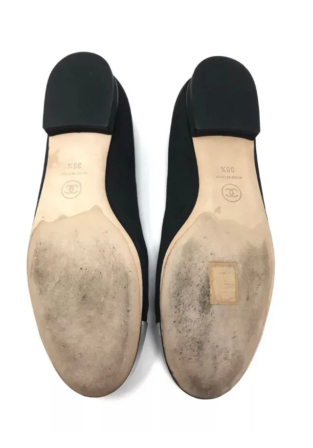 Chanel Ballet Ballerina Flats Black Canvas Silver Cap Toe