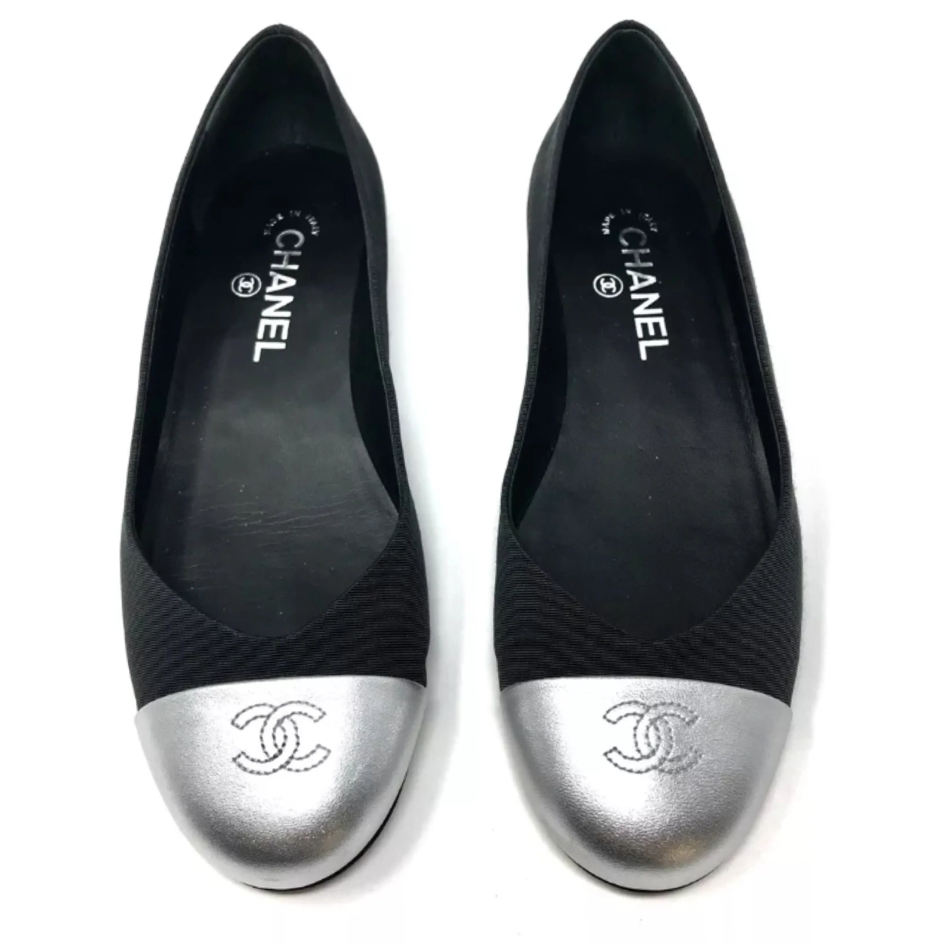 Chanel Ballet Ballerina Flats Black Canvas Silver Cap Toe