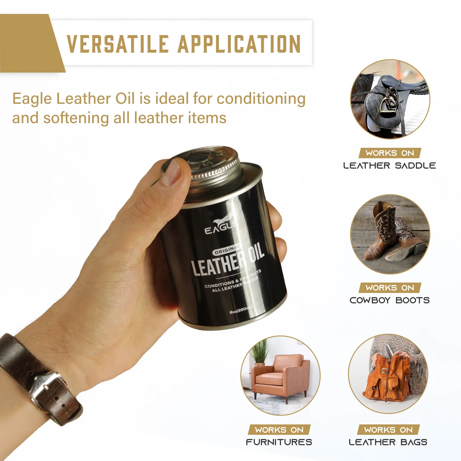 Eagle Leather Oil 8.45oz with Applicator & Premium Towel - All-Natural Mink Oil Conditioner for Boots, Shoes, Saddles, Furniture & More