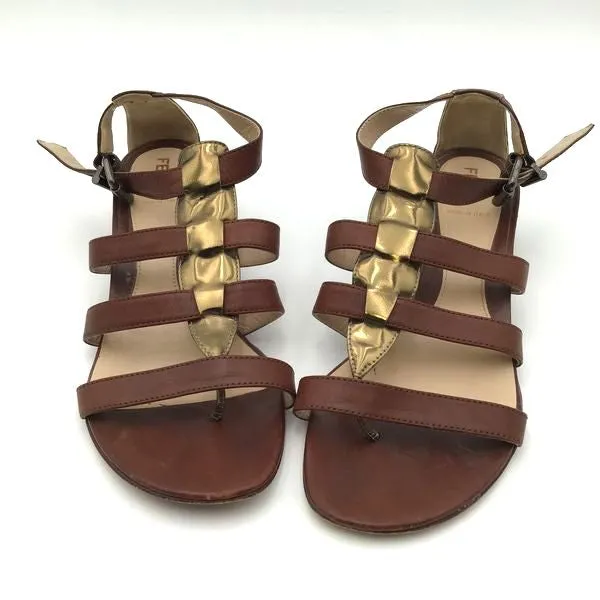 Fendi Brown\Gold Leather Strappy Sandals-Size: 37.5 ( COA)