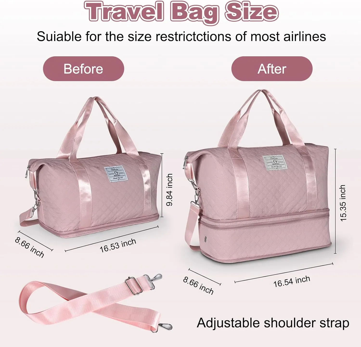 Geestock Travel Duffle Bag for Women, Expandable Weekender Overnight Bags with Shoes Compartment, Lightweight Carry on Personal Item Duffle Gym Bag for Travel, Airplanes, Sports (Pink)