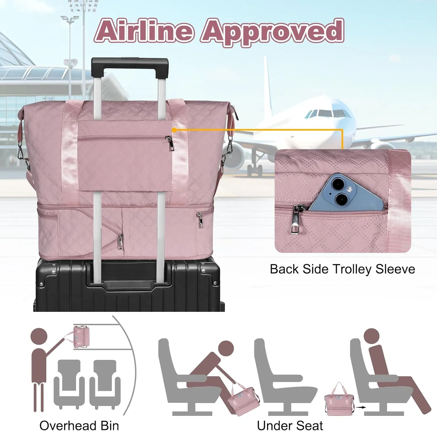 Geestock Travel Duffle Bag for Women, Expandable Weekender Overnight Bags with Shoes Compartment, Lightweight Carry on Personal Item Duffle Gym Bag for Travel, Airplanes, Sports (Pink)