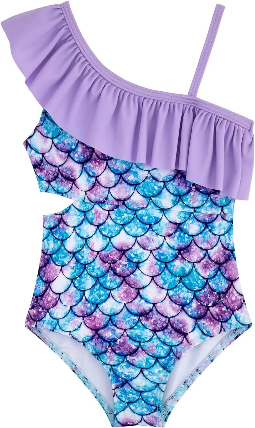Girls One Piece Swimsuits Cutout Ruffle Bathing Suit Quick Dry Beach Swimwear with Adjustable Strap 5-14 Years