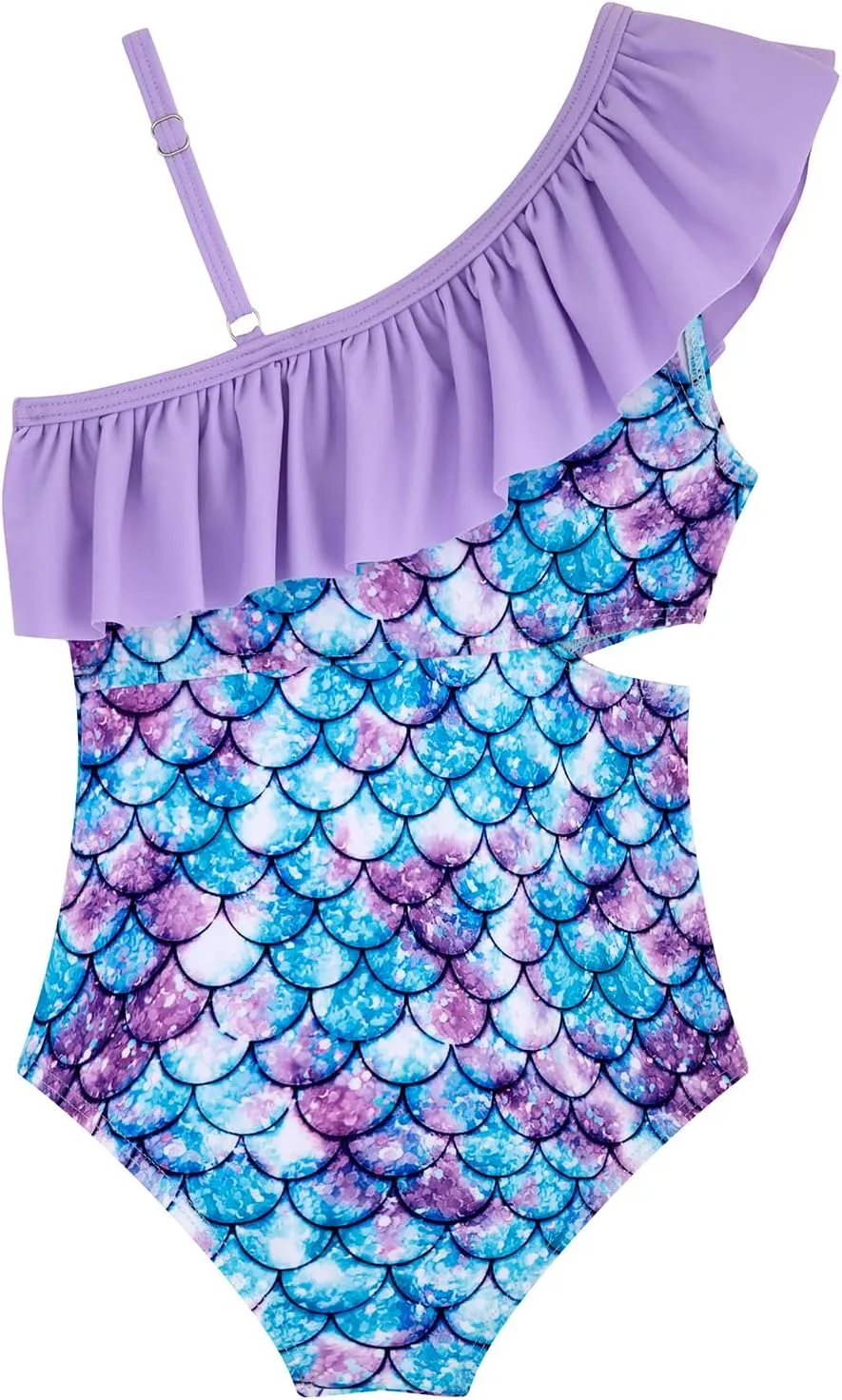 Girls One Piece Swimsuits Cutout Ruffle Bathing Suit Quick Dry Beach Swimwear with Adjustable Strap 5-14 Years