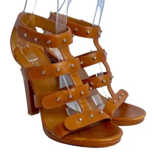 GUCCI Brown Leather, Studded, Strappy  Gladiator Heeled Sandals, Size 39.5