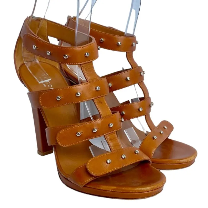 GUCCI Brown Leather, Studded, Strappy  Gladiator Heeled Sandals, Size 39.5