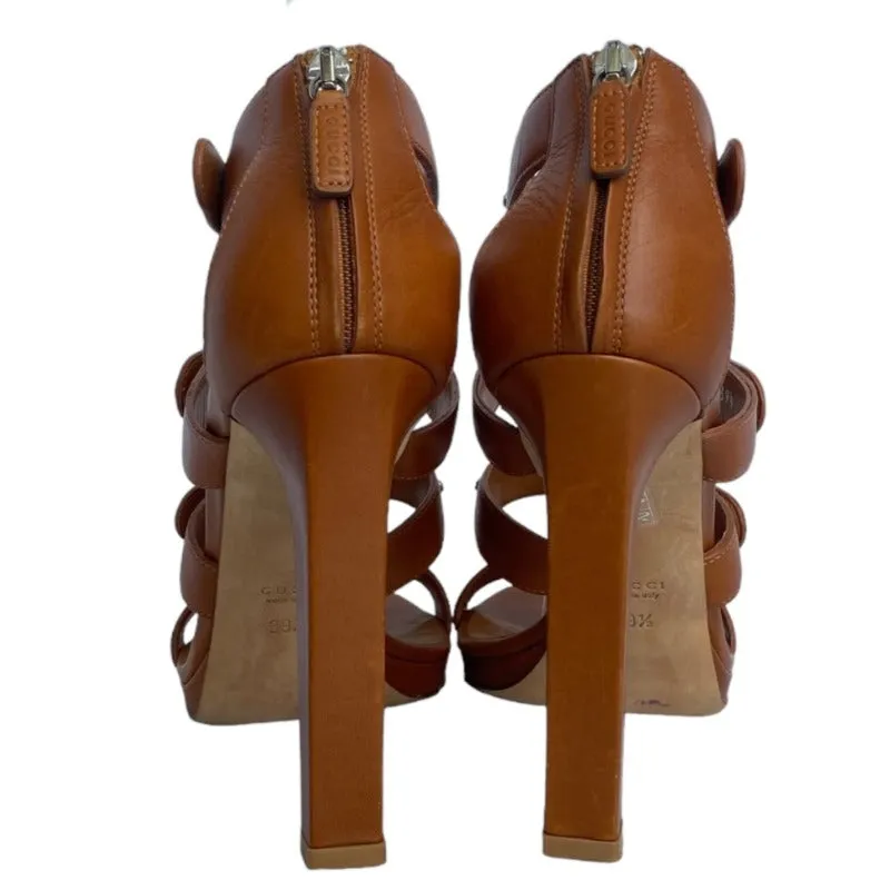 GUCCI Brown Leather, Studded, Strappy  Gladiator Heeled Sandals, Size 39.5