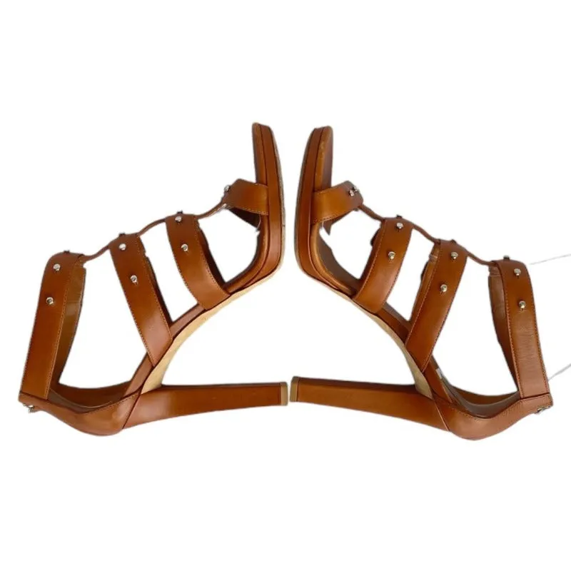 GUCCI Brown Leather, Studded, Strappy  Gladiator Heeled Sandals, Size 39.5