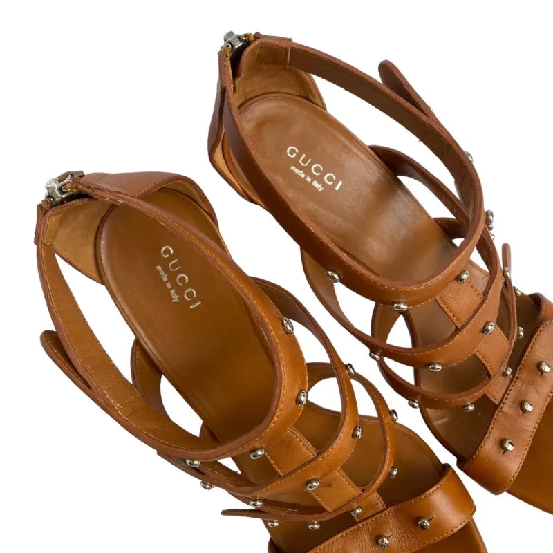 GUCCI Brown Leather, Studded, Strappy  Gladiator Heeled Sandals, Size 39.5