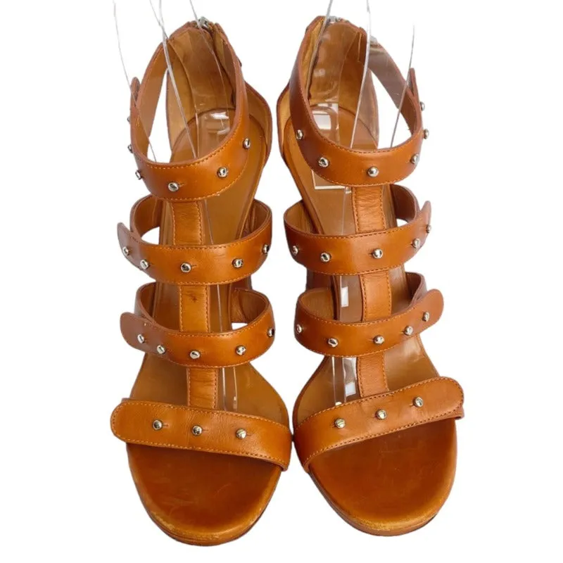 GUCCI Brown Leather, Studded, Strappy  Gladiator Heeled Sandals, Size 39.5