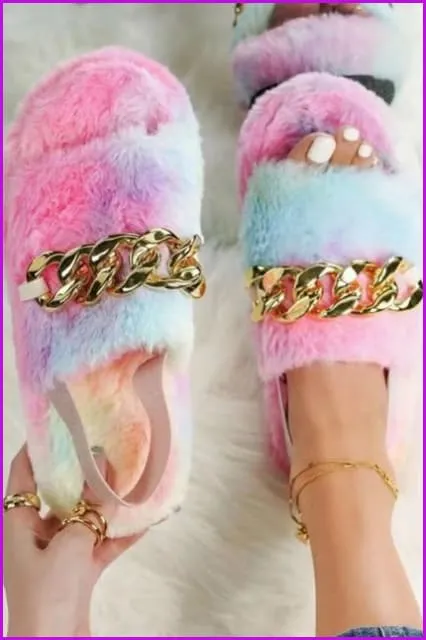 Leopard Rainbow Colorful Chain Fur Slipper