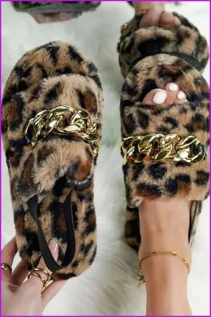 Leopard Rainbow Colorful Chain Fur Slipper