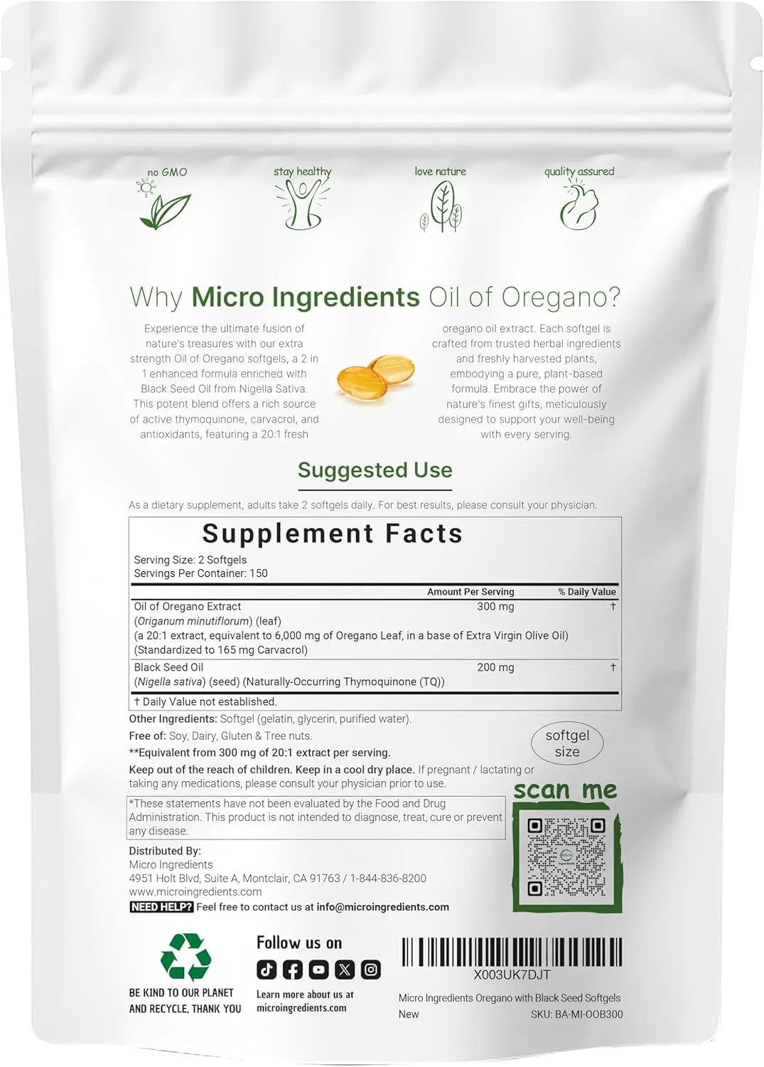Micro Ingredients Oil of Oregano, 300 Softgel | Oregano Oil with Black Seed Oil, 4X Strength Carvacrol & Thymoquinone | Plant Based, Non-GMO | Antioxidant & Immune Support