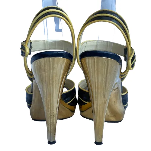 MIU MIU Navy Patent Leather Yellow Patent Trim Gold Strappy Heeled Sandals, 40.5