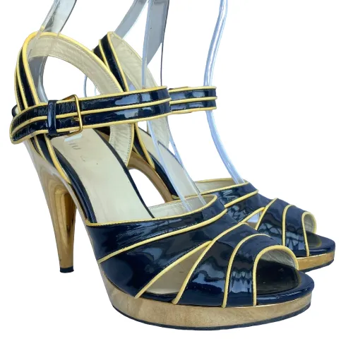 MIU MIU Navy Patent Leather Yellow Patent Trim Gold Strappy Heeled Sandals, 40.5