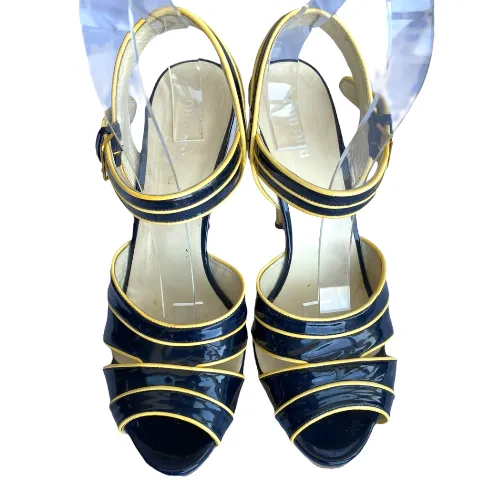 MIU MIU Navy Patent Leather Yellow Patent Trim Gold Strappy Heeled Sandals, 40.5