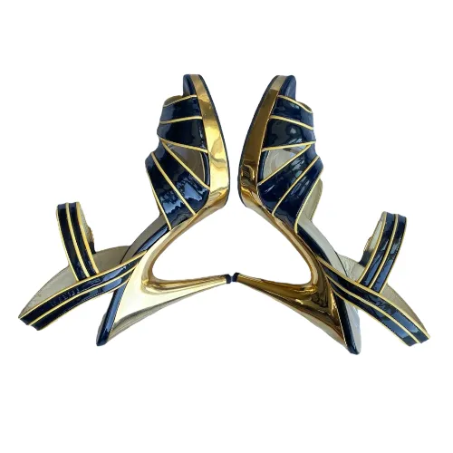 MIU MIU Navy Patent Leather Yellow Patent Trim Gold Strappy Heeled Sandals, 40.5