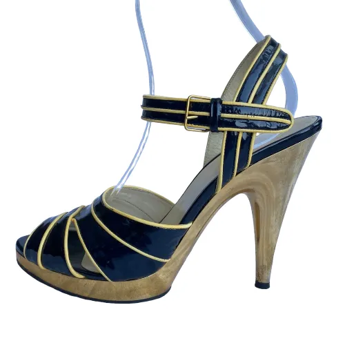 MIU MIU Navy Patent Leather Yellow Patent Trim Gold Strappy Heeled Sandals, 40.5