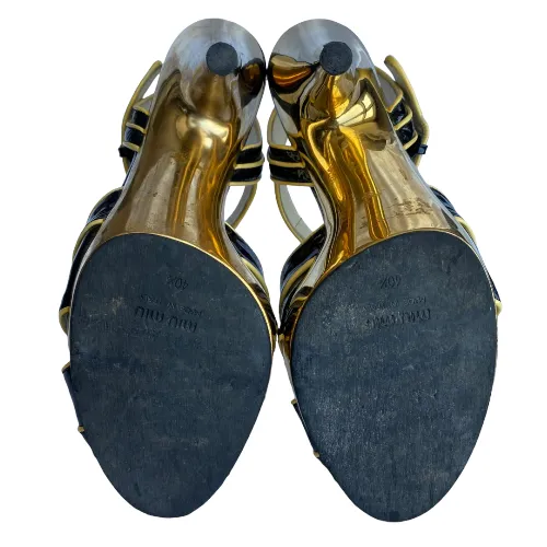 MIU MIU Navy Patent Leather Yellow Patent Trim Gold Strappy Heeled Sandals, 40.5