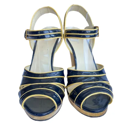 MIU MIU Navy Patent Leather Yellow Patent Trim Gold Strappy Heeled Sandals, 40.5