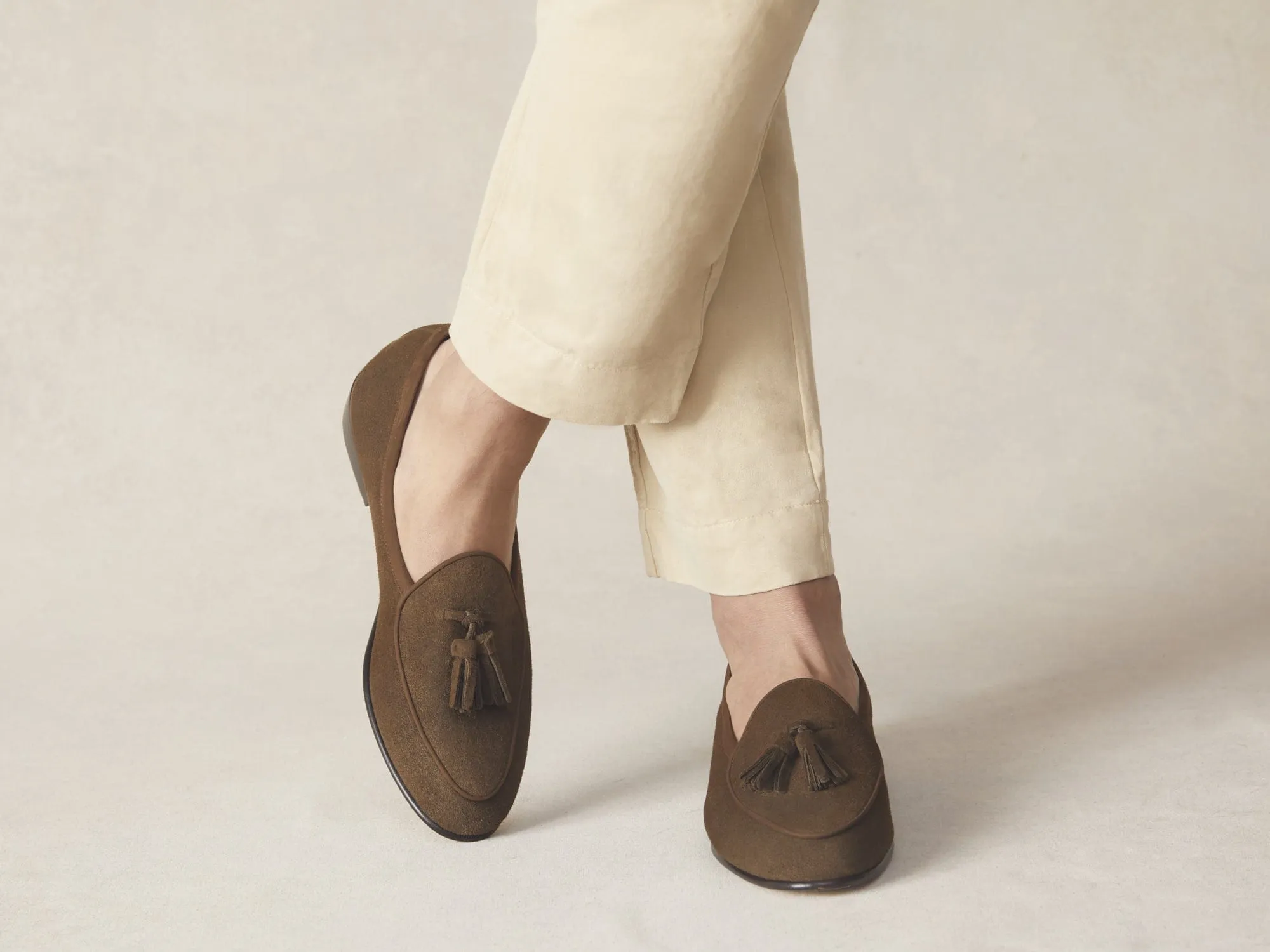 Sagan Classic Tassel Loafers in Olivine Green Asteria Suede with Leather Sole