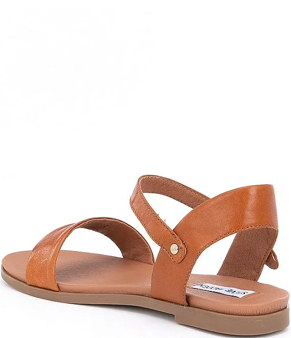 Steve Madden Dina Ankle Strap Two Piece Banded Flat Sandals Tan Leather