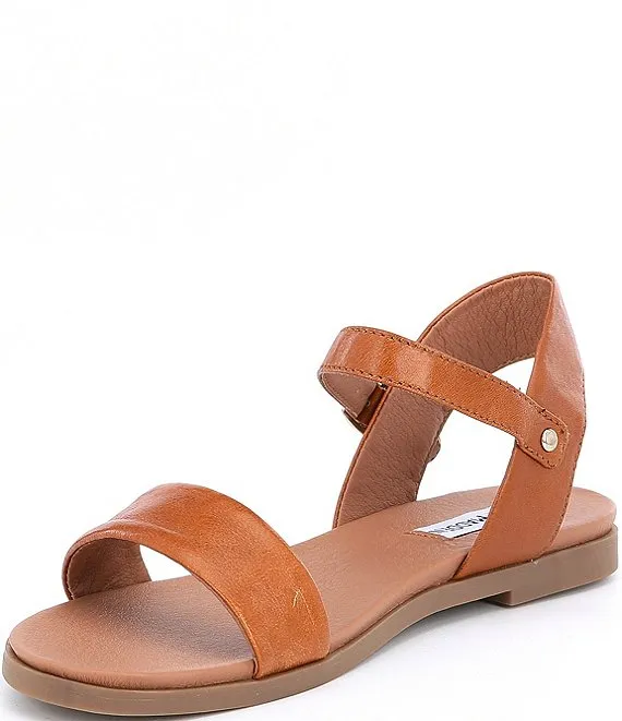 Steve Madden Dina Ankle Strap Two Piece Banded Flat Sandals Tan Leather