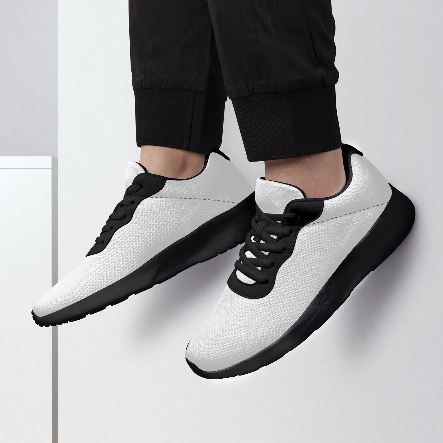 White Unisex Low Tops, Soft Solid White Color Best Lifestyle Unisex Casual Designer Mesh Running Shoes With Black Soles