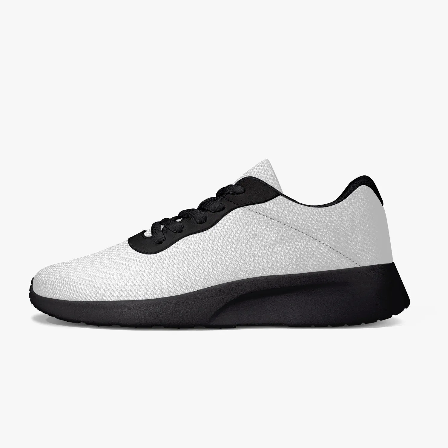 White Unisex Low Tops, Soft Solid White Color Best Lifestyle Unisex Casual Designer Mesh Running Shoes With Black Soles