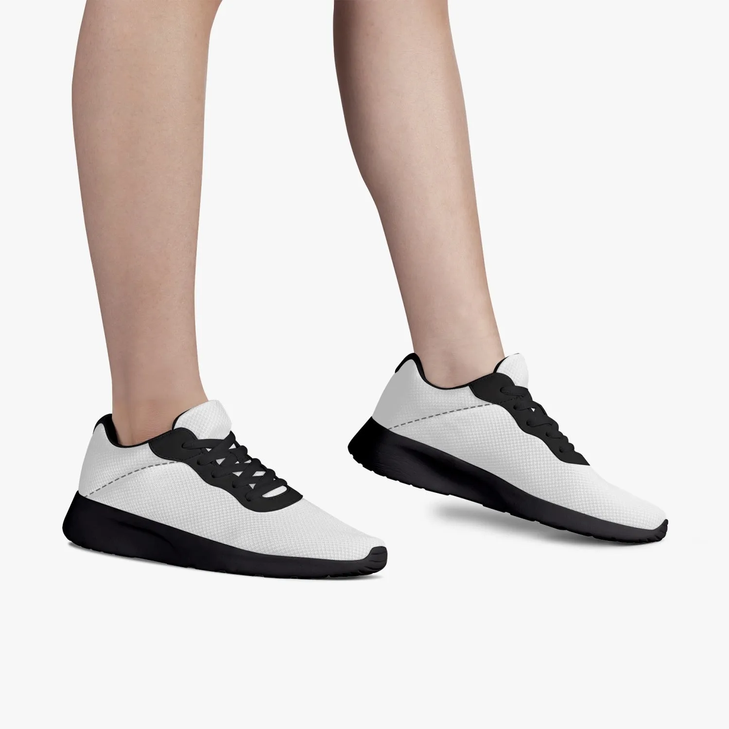 White Unisex Low Tops, Soft Solid White Color Best Lifestyle Unisex Casual Designer Mesh Running Shoes With Black Soles