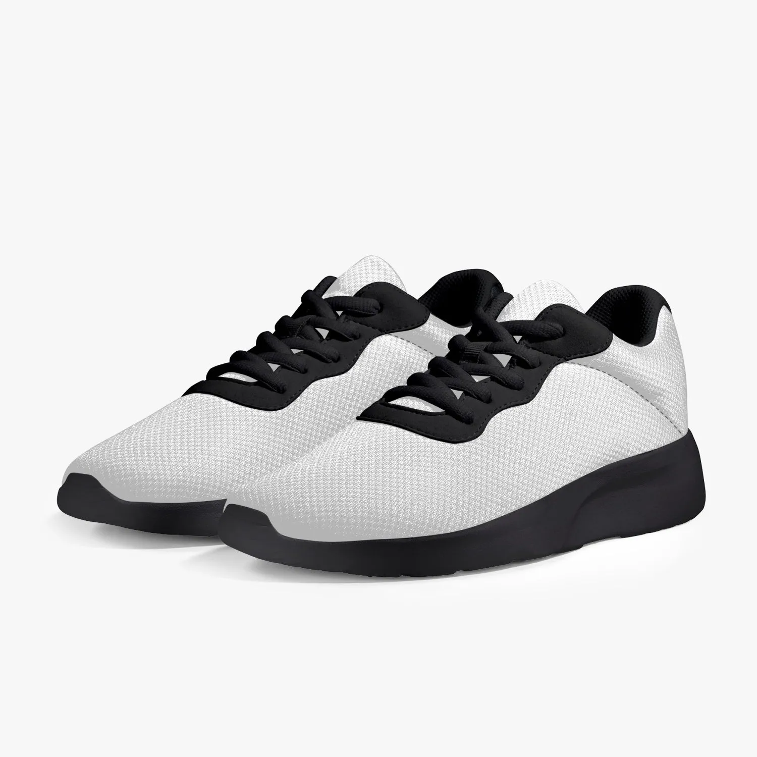 White Unisex Low Tops, Soft Solid White Color Best Lifestyle Unisex Casual Designer Mesh Running Shoes With Black Soles