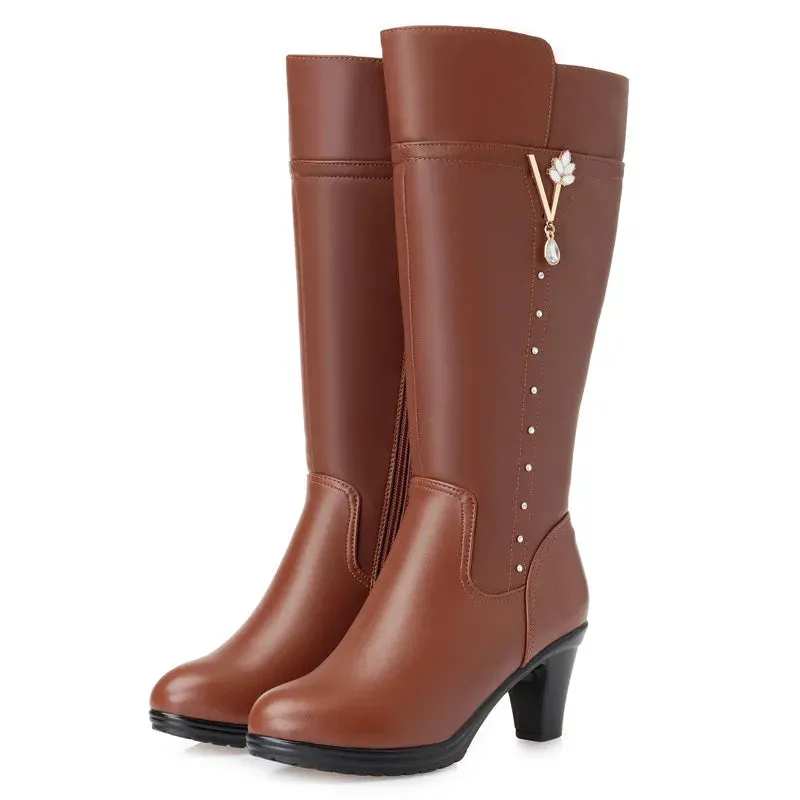Women's Winter Genuine Leather High-Heeled Wool Boots - Warm Trendy Riding Boots