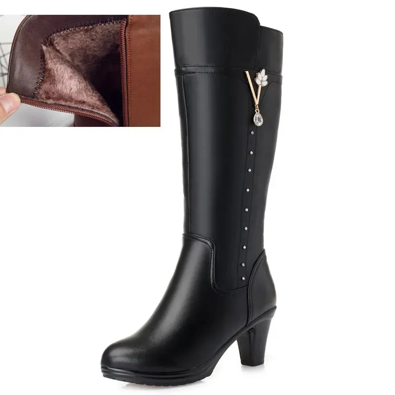 Women's Winter Genuine Leather High-Heeled Wool Boots - Warm Trendy Riding Boots