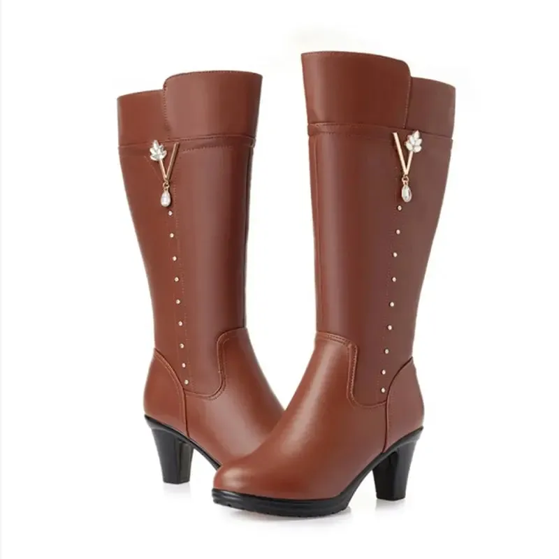 Women's Winter Genuine Leather High-Heeled Wool Boots - Warm Trendy Riding Boots