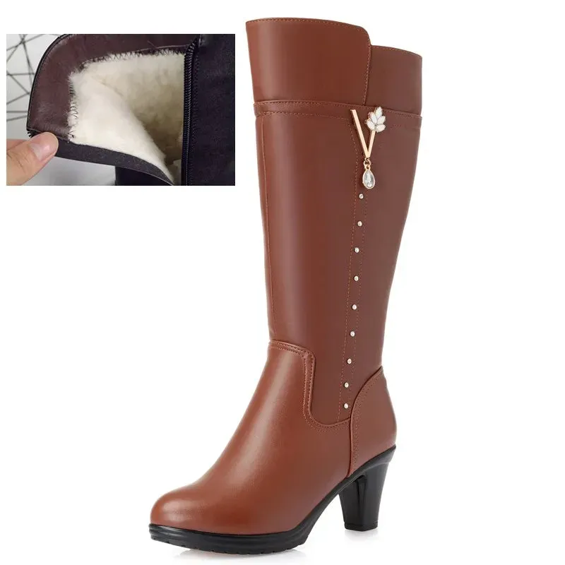Women's Winter Genuine Leather High-Heeled Wool Boots - Warm Trendy Riding Boots