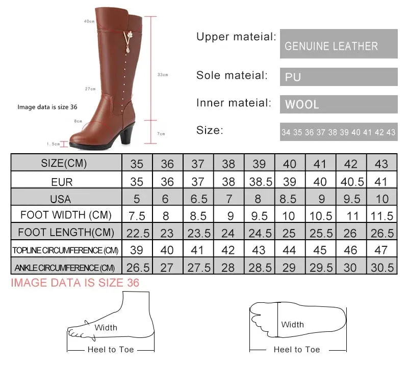 Women's Winter Genuine Leather High-Heeled Wool Boots - Warm Trendy Riding Boots