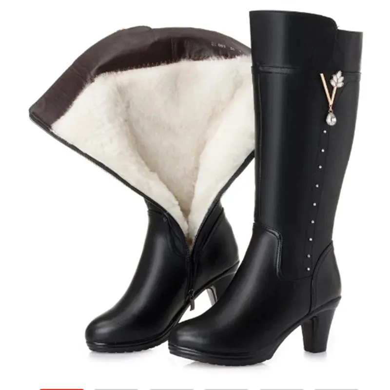 Women's Winter Genuine Leather High-Heeled Wool Boots - Warm Trendy Riding Boots
